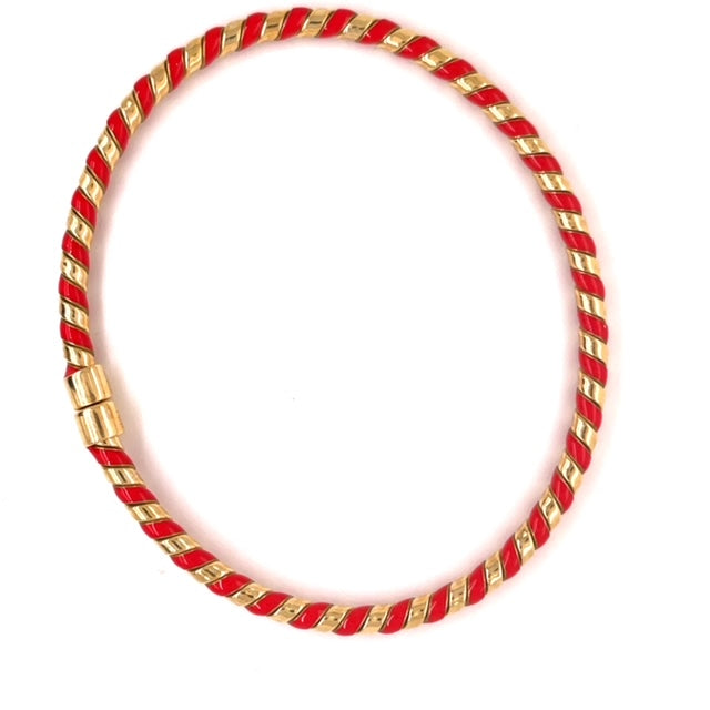 Italian 18k yellow gold bracelet  Red enamel cord  Solid end caps  Easy to ta stack