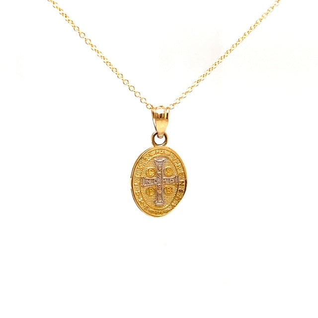 Make a bold impression with 14k yellow gold and Italian craftsmanship. This two-tone Saint Benedict charm is 14.00 mm long, giving you a timeless look that's sure to be admired! Add an optional 16" yellow gold chain for just $199.00.