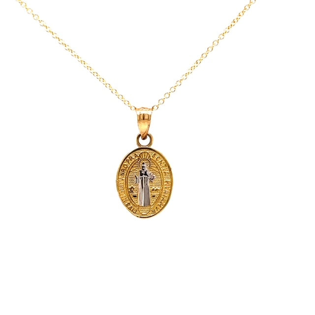 Make a bold impression with 14k yellow gold and Italian craftsmanship. This two-tone Saint Benedict charm is 14.00 mm long, giving you a timeless look that's sure to be admired! Add an optional 16" yellow gold chain for just $199.00.
