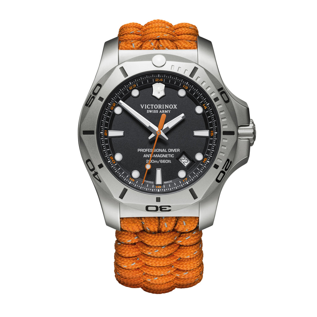 ISO 6425 certified diver watch with antimagnetism and water resistance up to 200 m, sandblasted stainless steel case for a modern look and innovative handwoven survival paracord strap with reflective tracers to fit safely over a diving suit  Delivered in a shockproof box housing an additional rubber strap and a color-matched protective bumper with removable magnifying glass Item number 	241845 Bracelet material 	textile Diameter 	45 mm Collection 	I.N.O.X. Professional Diver