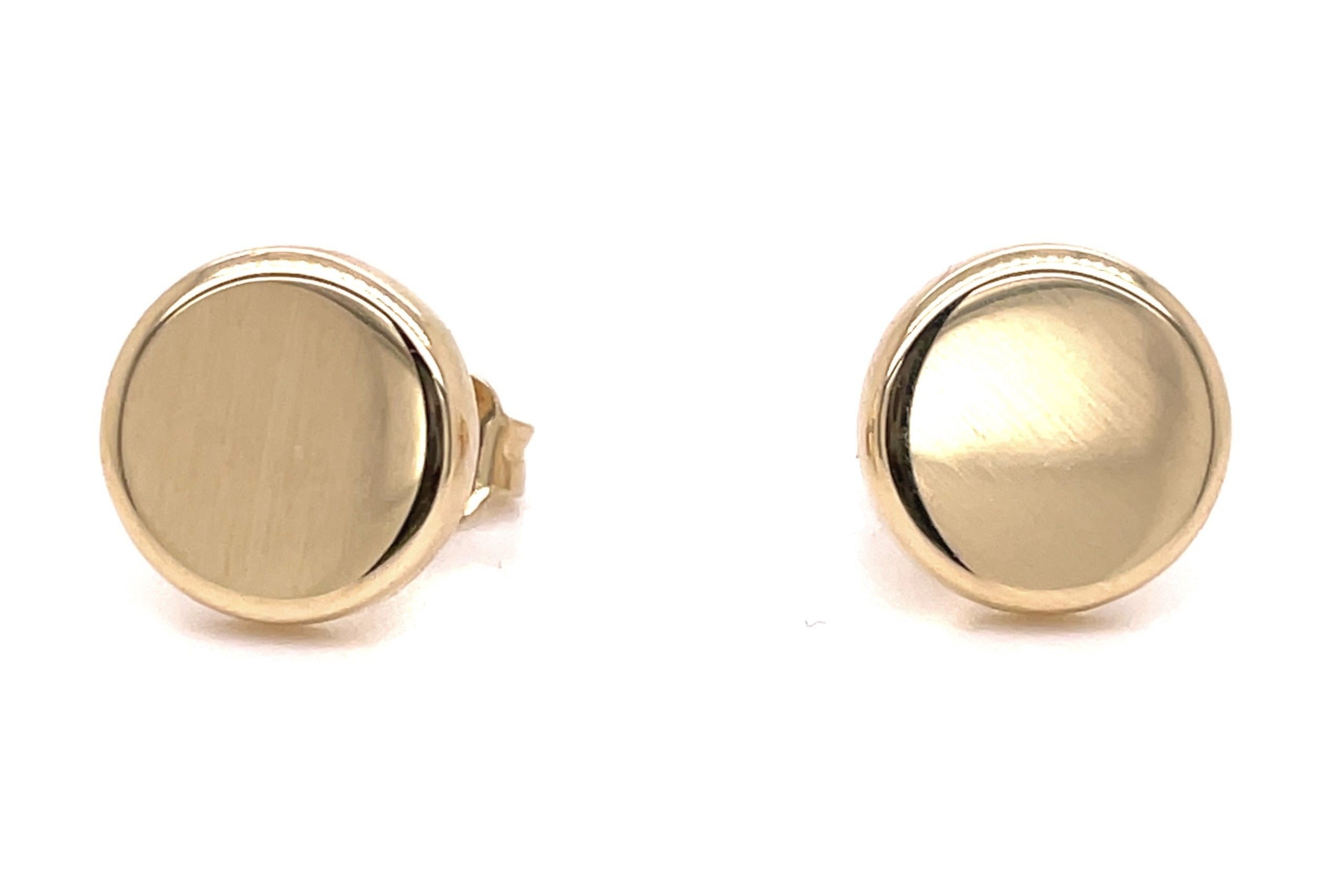 These stud earrings are made with 14k yellow gold and an Italian-made secure friction back for ultimate security. The 8.50 mm flat round designs offer timeless elegance.