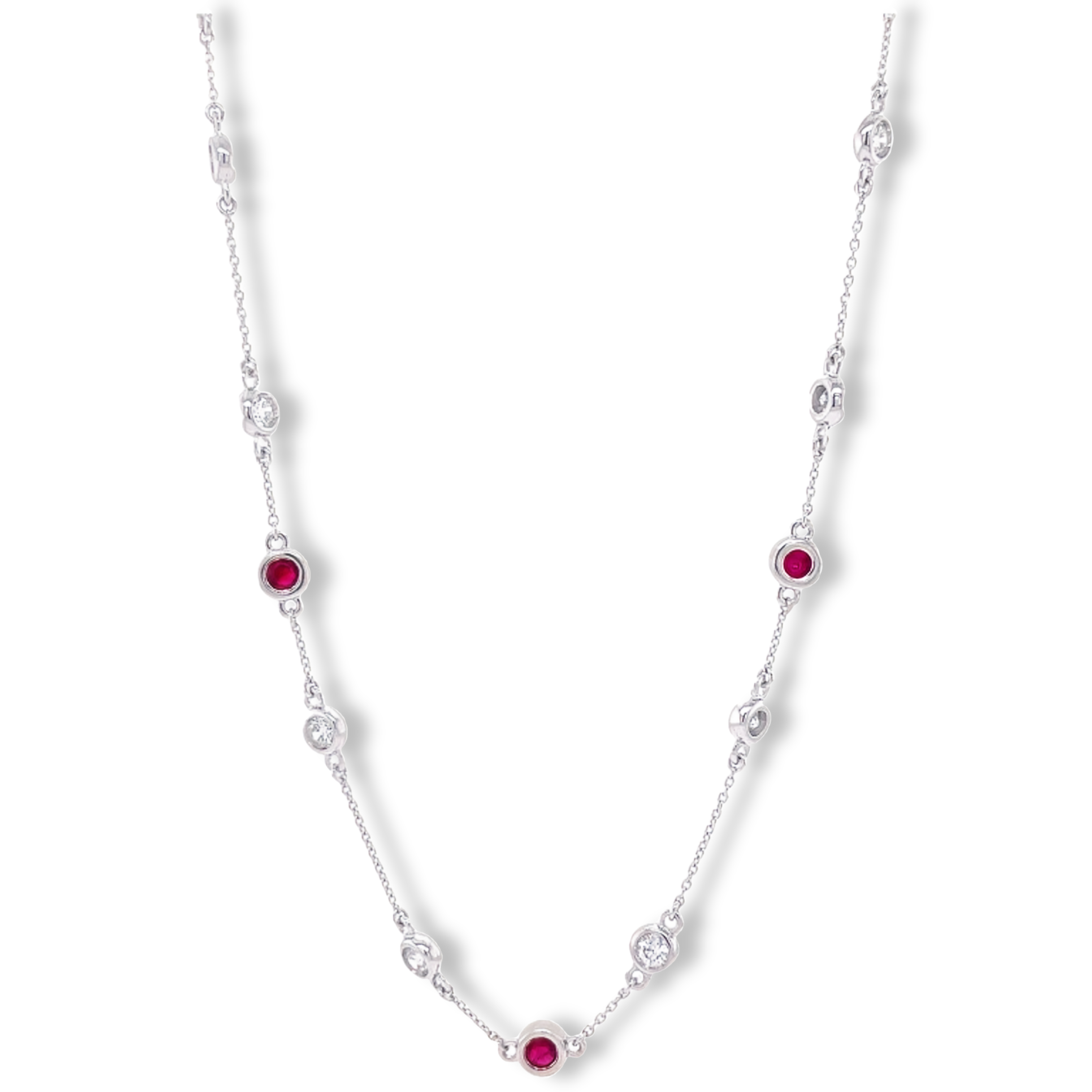 14 round diamond 1.60 cts  7 round rubies 0.75 cts.  Secure lobster catch  20" long   14k white gold  Three sizing loops