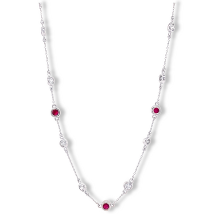 14 round diamond 1.60 cts  7 round rubies 0.75 cts.  Secure lobster catch  20" long   14k white gold  Three sizing loops