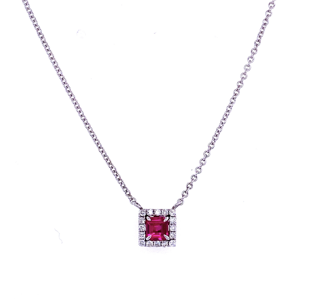 18k white gold necklace  One square ruby 0.70 cts  Round white diamonds 0.35 cts  Secure lobster catch  18" long chain