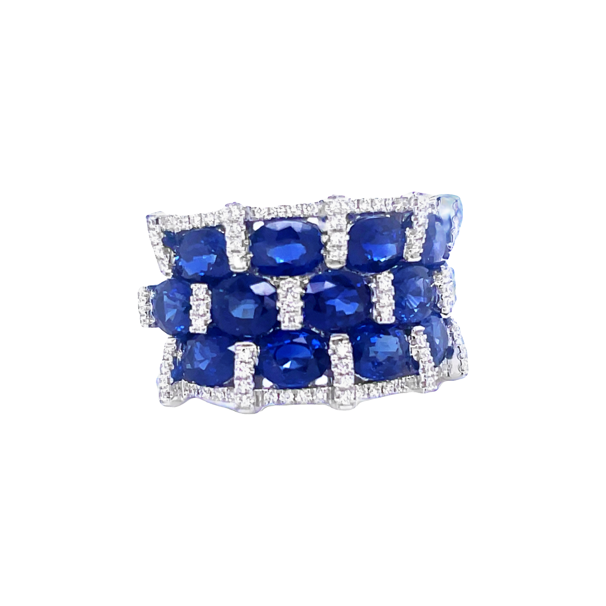 Side view of 14k White Gold Diamond & Oval Sapphire Three Row Wide Band Ring