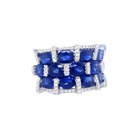 Side view of 14k White Gold Diamond & Oval Sapphire Three Row Wide Band Ring