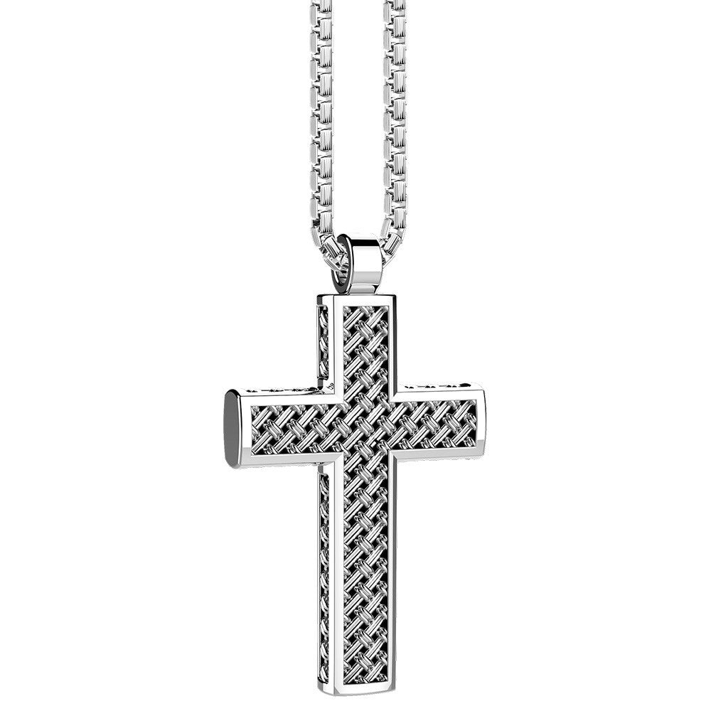 Italian made   30.00 mm cross weave style  20" long chain  Blackened cross  Secure lobster clasp  Round bizantine link.   