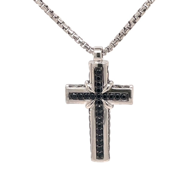 Front view of Zancan Italian Sterling Silver Black Spinel Cross Pendant