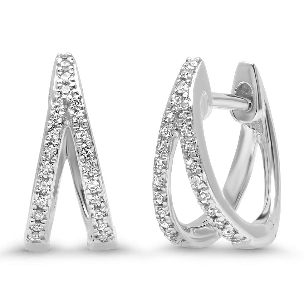 Everyday diamond hoop earrings.   18k white gold  Modern style.  Secure hinge system  48 white round diamonds 0.33 cts  11.30 mm long.