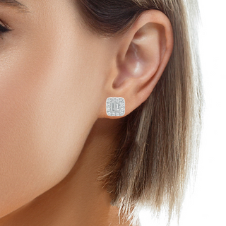 Dainty Square Baguette & Round Diamond Stud Earrings in White Gold