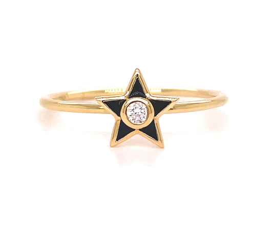 Front view of 18K Diamond Star Black Enamel Ring