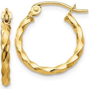14k Italian gold  38 mm diameter  5.0 mm thickness  Twist style  Easy to wear  Secure latch system