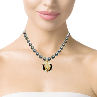 Try on view of 18k Yellow Gold Versace Style Peacock Pearl Diamond Necklace