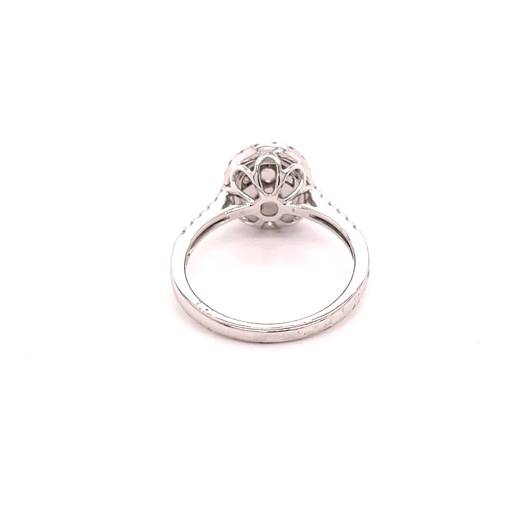 14k white gold  Surrounded by white round diamonds 0.25 cts   Size 6.5  Four round rubys 1.16 cts   11.00 mm