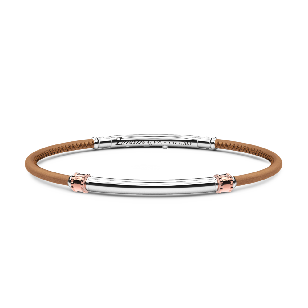 Front view of Zancan Sterling Silver Brown Leather Bracelet