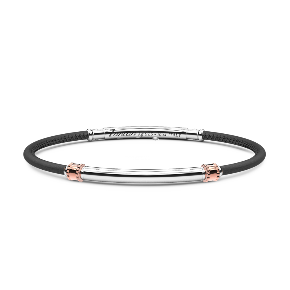 Zancan Sterling Silver Black Leather Bracelet Top view clasp fastened