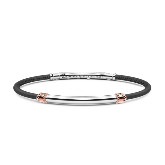 Zancan Sterling Silver Black Leather Bracelet Top view clasp fastened